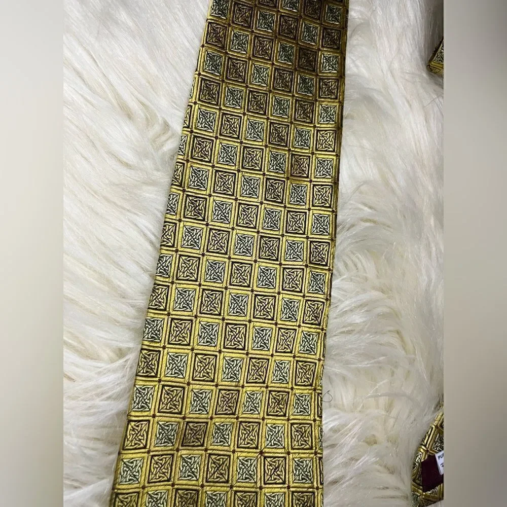 Patrick Francis Ireland jacquard weave mustard yellow printed pure Silk Tie